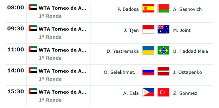 wta abu dhabi lunes2 febrero 2026 patidos