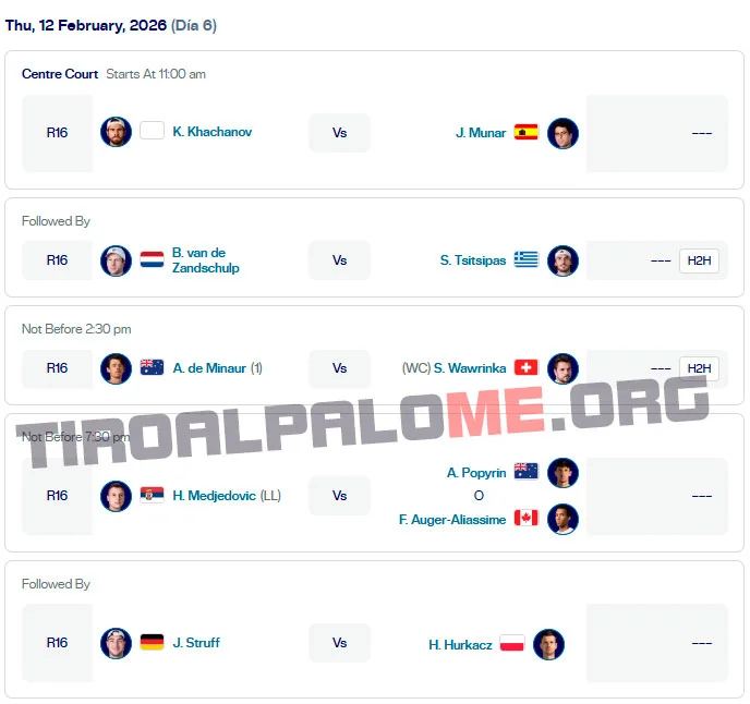 atp rotterdam ronda1 jueves12 febrero 2026 partidos tiroalpalo t