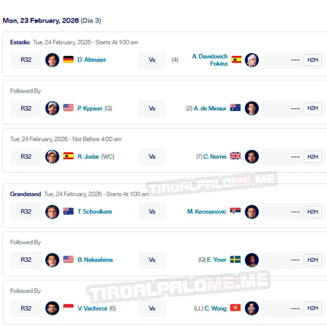 atp acapulco ronda1 partidos lunes23 febrero 2026 tiroalpalo