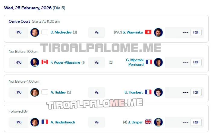 atp dubai ronda2 partidos miercoles25 febrero 2026 tiroalpalo